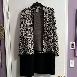 Chico's Leopard Print Open Front Jacket with Black Hem